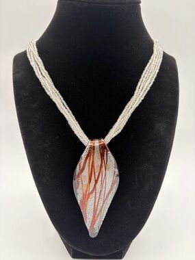 Art Glass Pendant Necklace Multi Strand White Seed Beads
